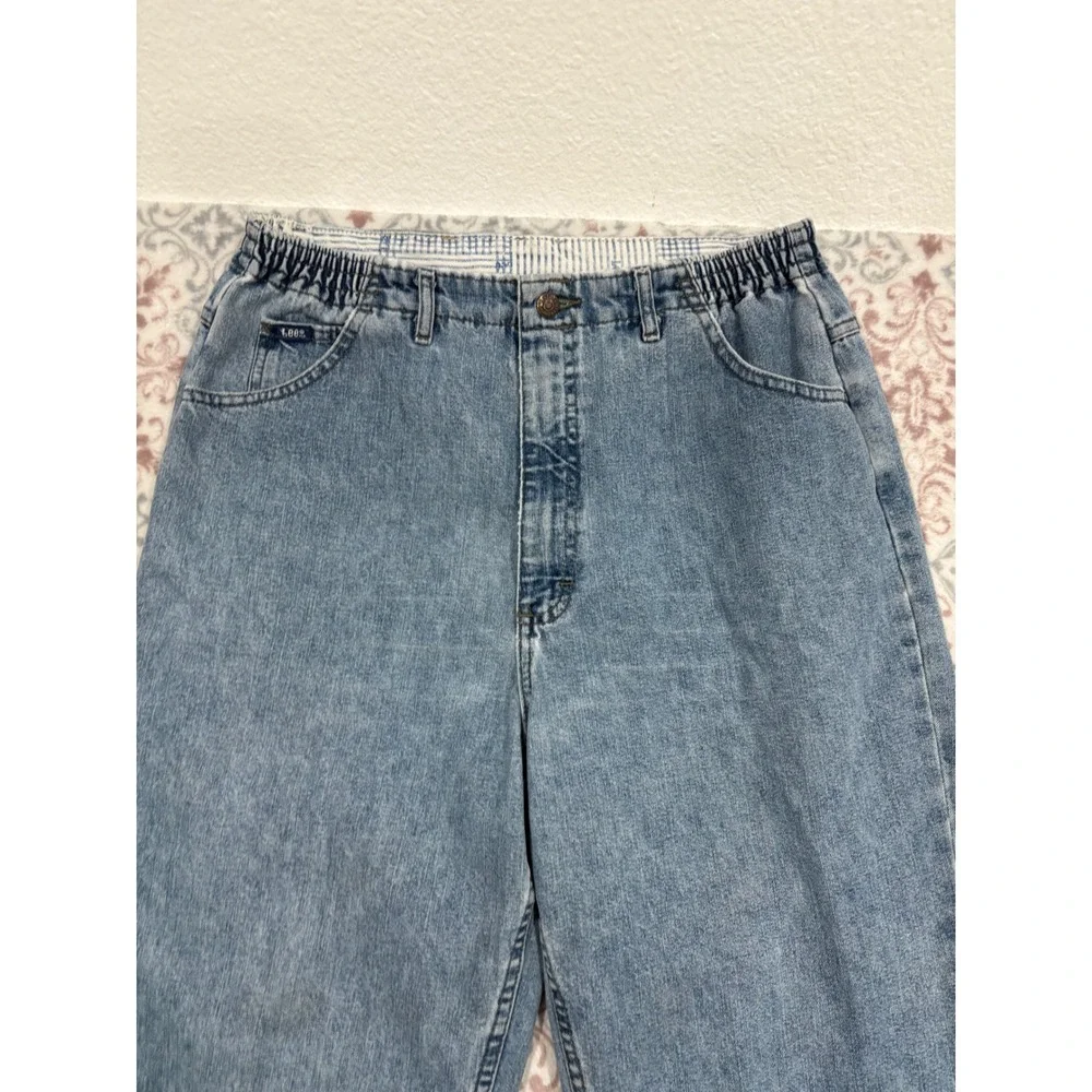 Vintage Lee High Waisted Mom Jeans Light Wash Elastic Waist Tapered Leg 14M 14L